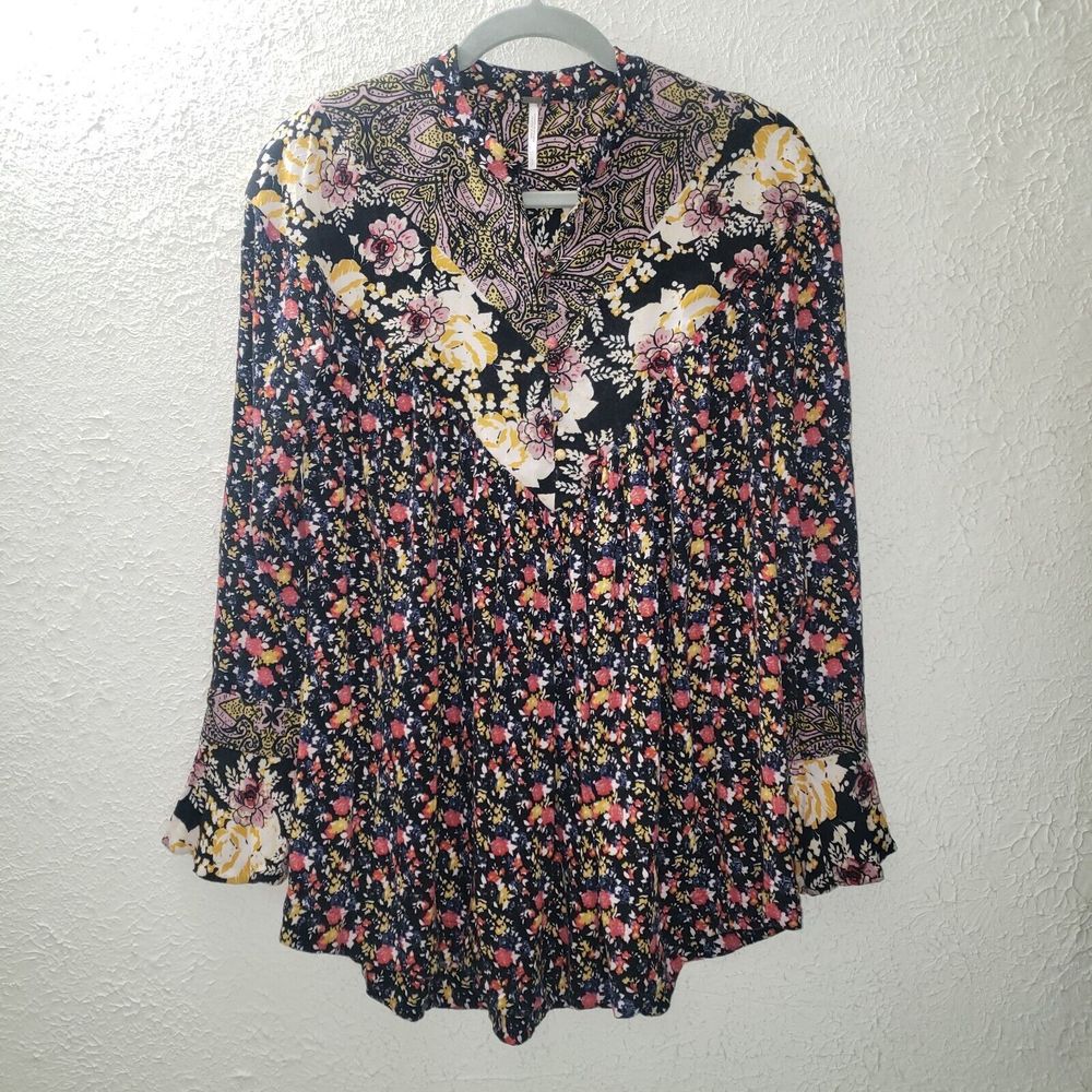 Free People Sz S Boho Floral Henley Blouse Long Sleeve Flowy Top Hippie Shirt